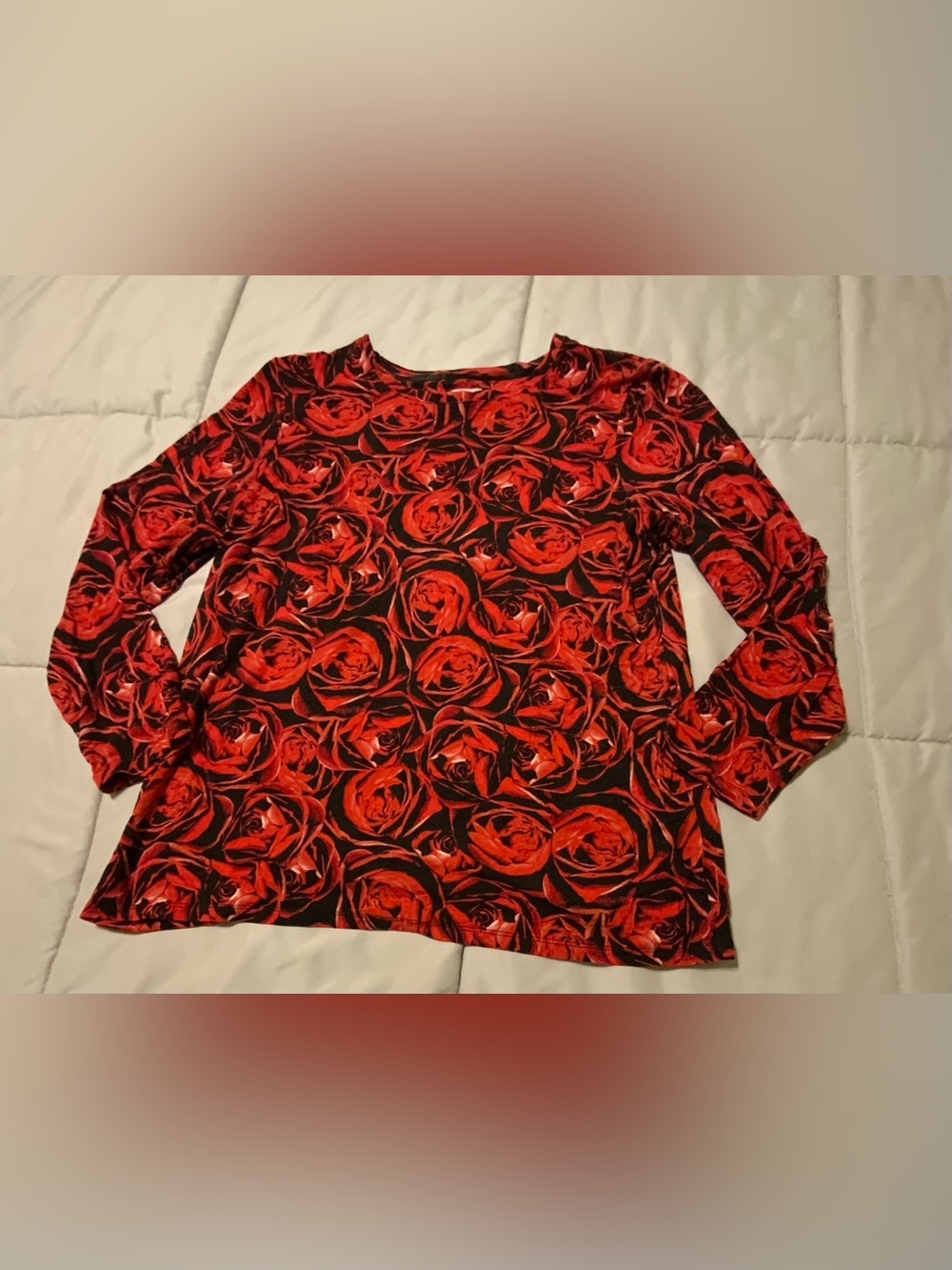 Chicos Touch Of Cool Red Rose Print Long-Sleeve Women's Top Size XL
